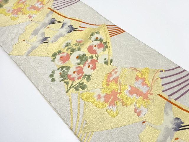 アンティーク　扇に群鶴・蝶・万寿菊模様織り出し袋帯（材料）